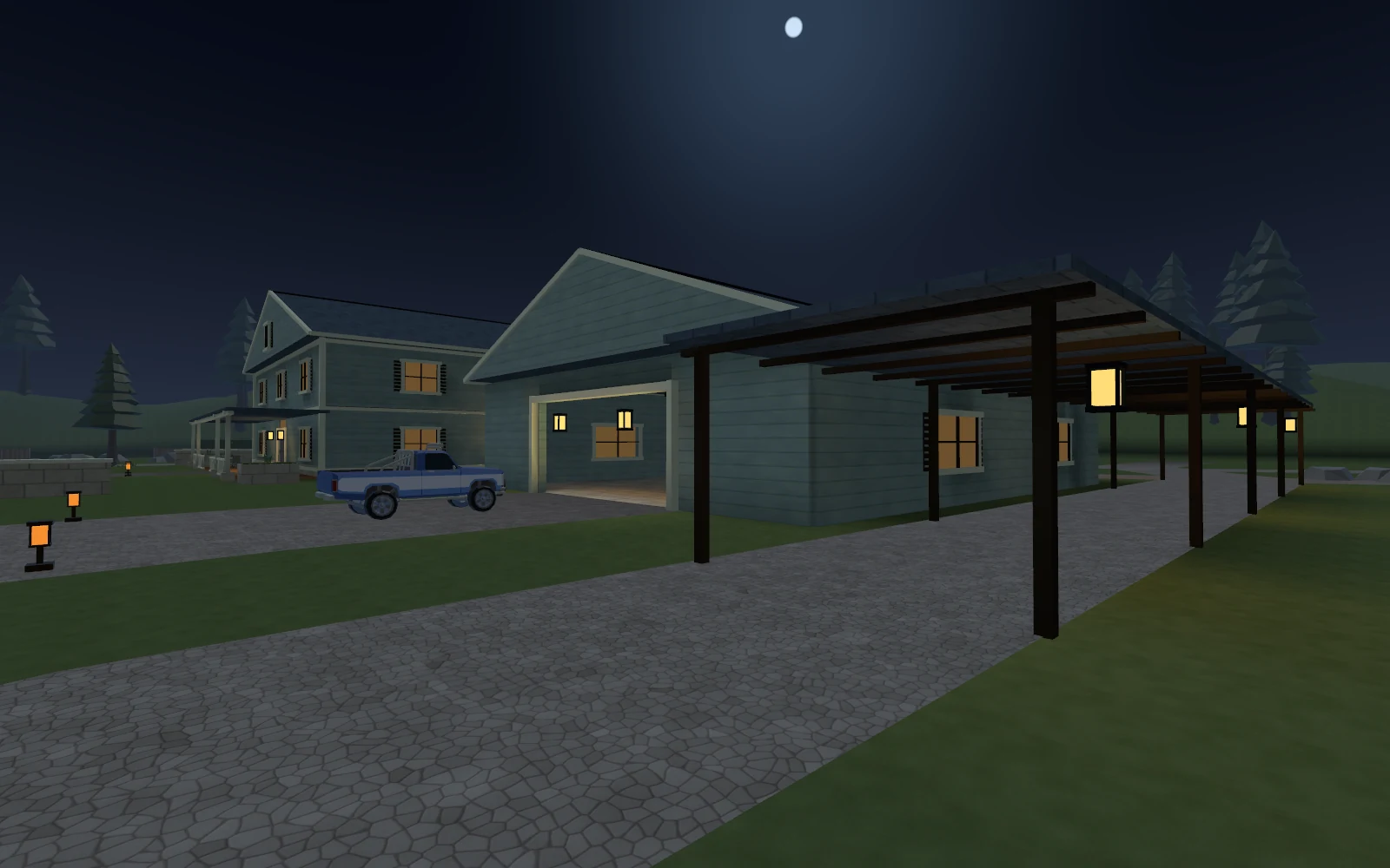 Cedar Estate garage, parked pickup and covered service route