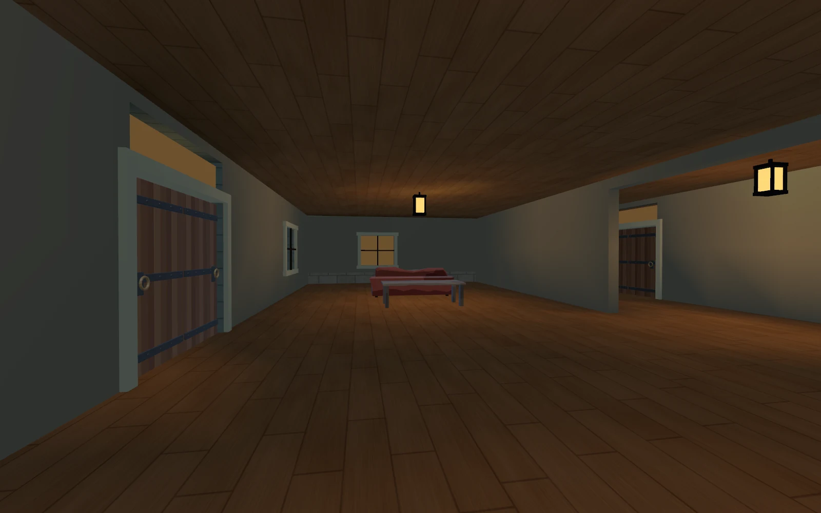 Cedar Estate interior with wooden floor, timber doors and warm pendant lights