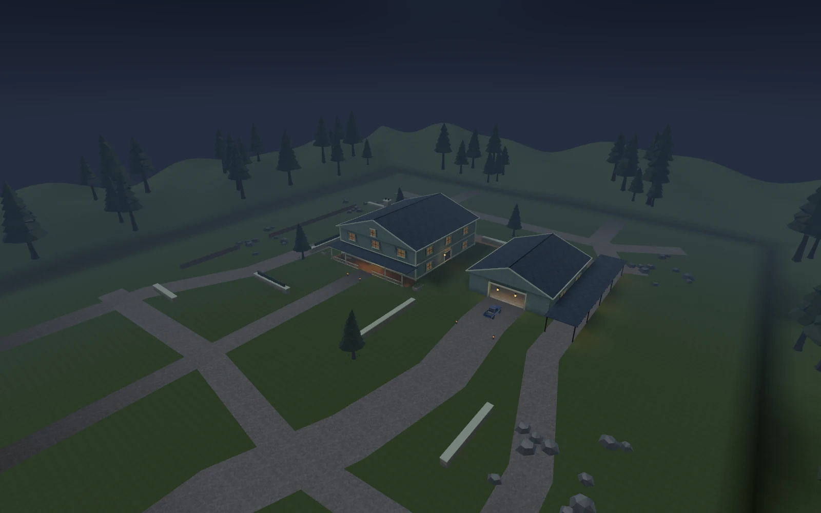 Overview of Cedar Estate’s house, garage, paths and woodland perimeter