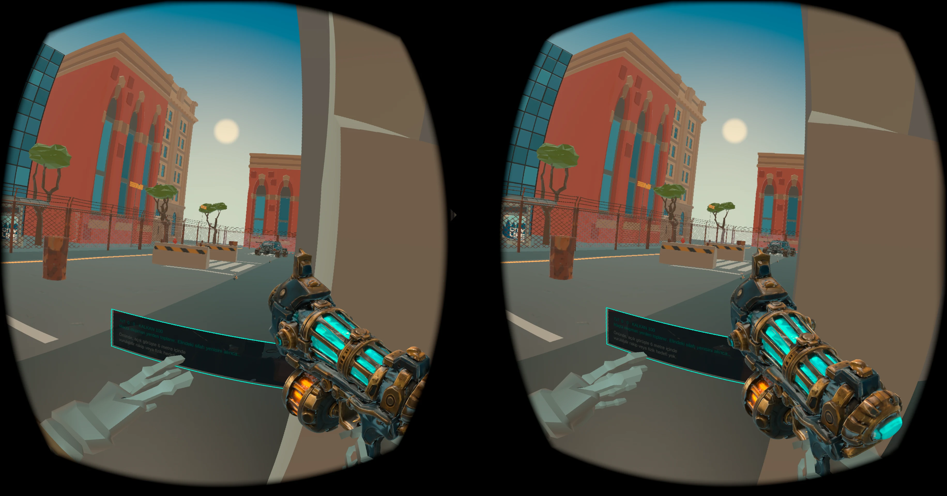 Earlier Quest development capture showing a weapon, tracked hands and the game’s arena through both headset views